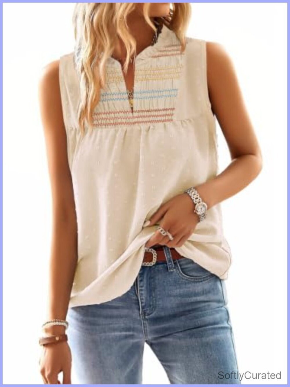 Sleeveless V-Neck Blouse with Swiss Dot and Lace Trim